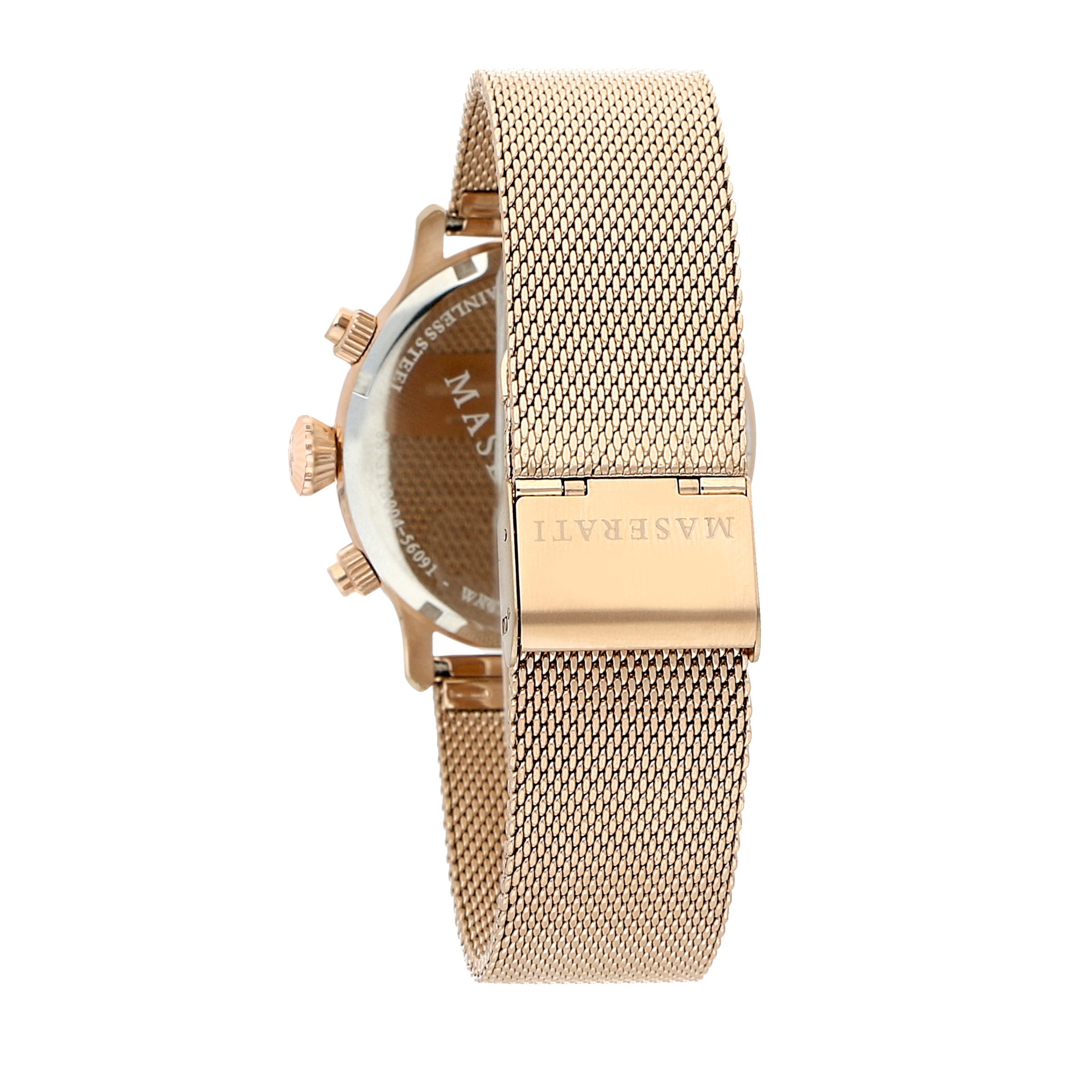 Gold-toned wristwatch with a mesh metal band and chronograph features.