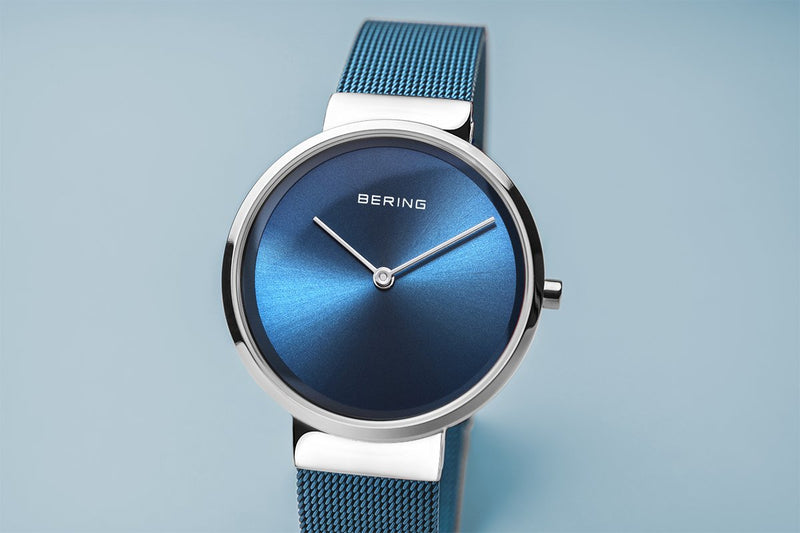 Bering Classic Polished Silver Blue Mesh Watch