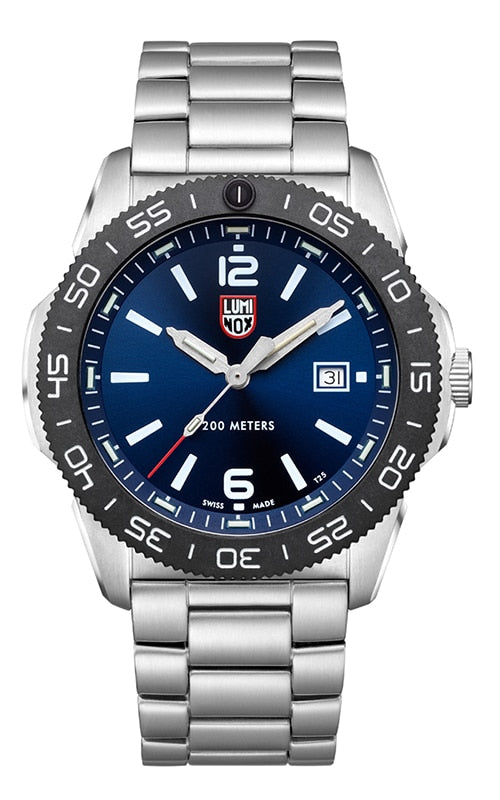 Stainless steel wristwatch with a blue dial and black rotating bezel.
