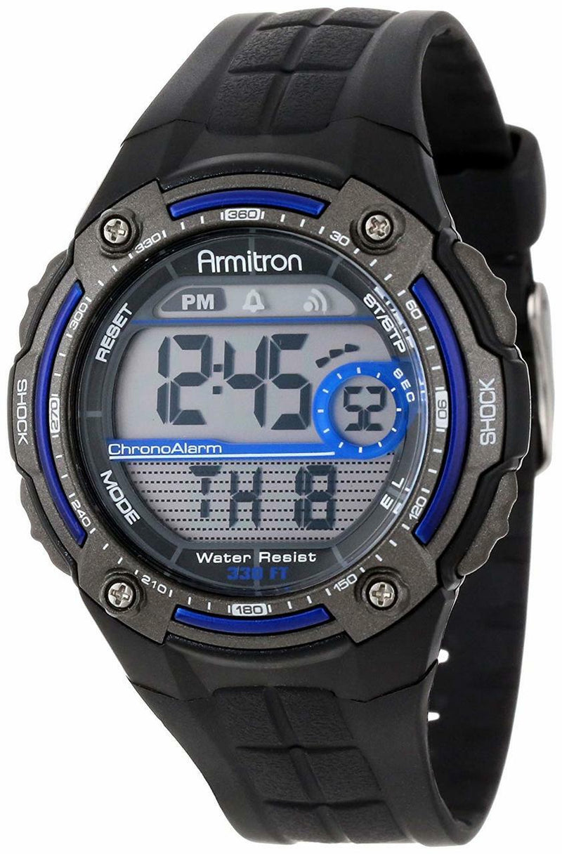 Armitron Blue Accented Digital Chronograph Black Resin Strap Mens Watch