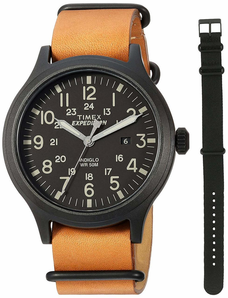 Timex Mens Expedition Black Dial Tan Leather Scout 43 Watch