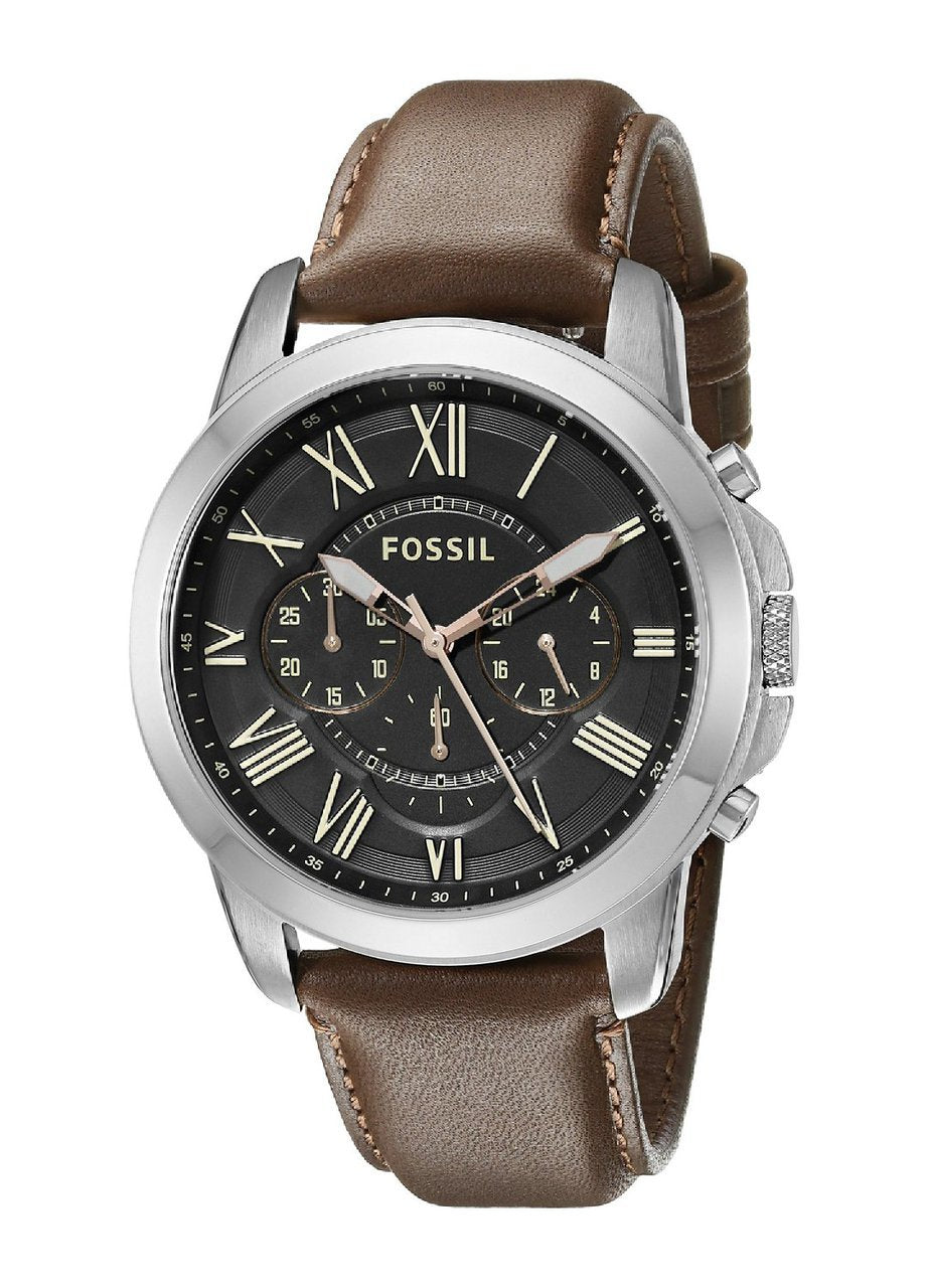 Fossil Grant FS4813 chronograph, black dial with three sub-dials on a brown leather strap