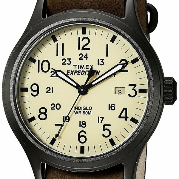 Timex Mens Brown Leather Beige Dial Expedition Scout 40 Watch Watch Direct
