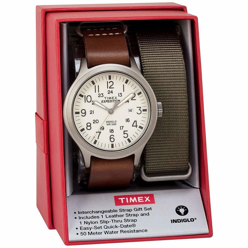 Timex Mens Twg016100 Expedition Scout 43 Brown Leather Slip-Thru Strap Watch Gift Set + Olive Nylon Strap