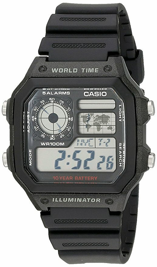 Digital Casio wristwatch with a square face and multiple display features.