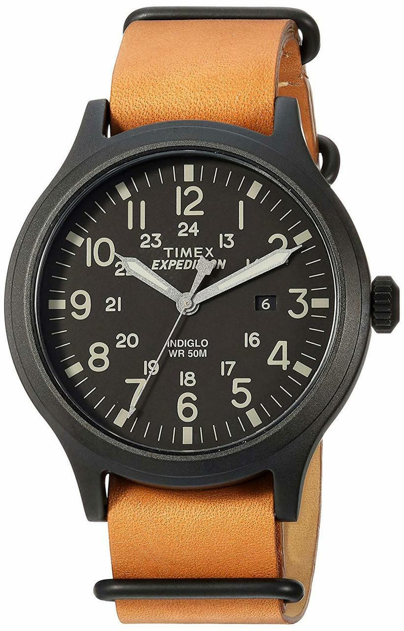 Timex Mens Expedition Black Dial Tan Leather Scout 43 Watch