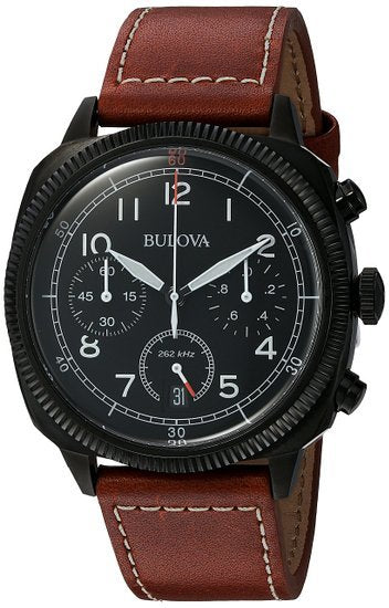 Bulova Military Uhf Chronograph Brown Leather Strap Mens Watch 98B245