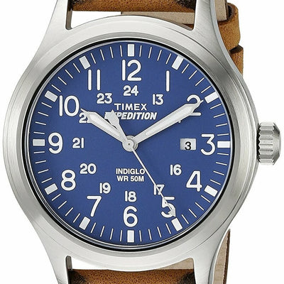 Timex Mens Brown Leather Blue Dial Expedition Scout 40 Watch Watch Direct