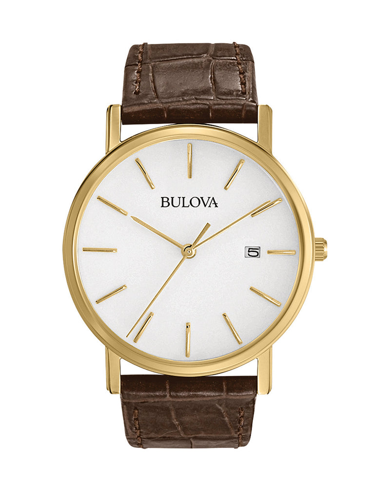Bulova Gold-Tone White Dial Leather Strap Men's Watch 97B100