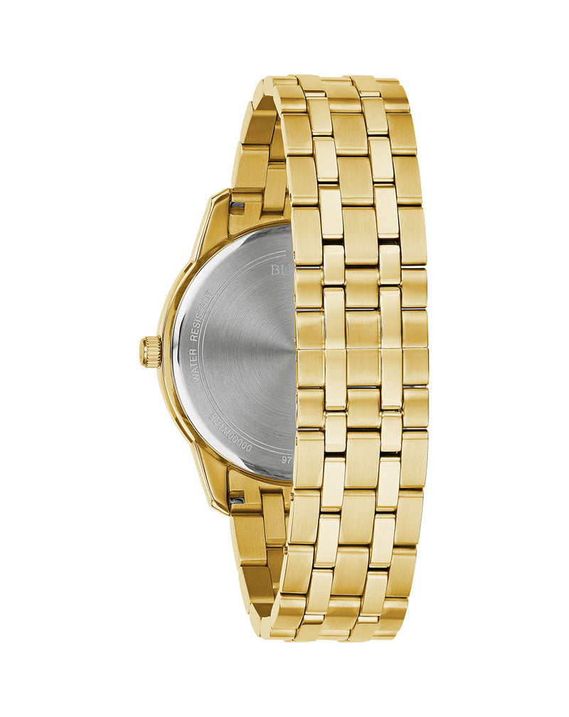 Gold-toned metal wristwatch band.