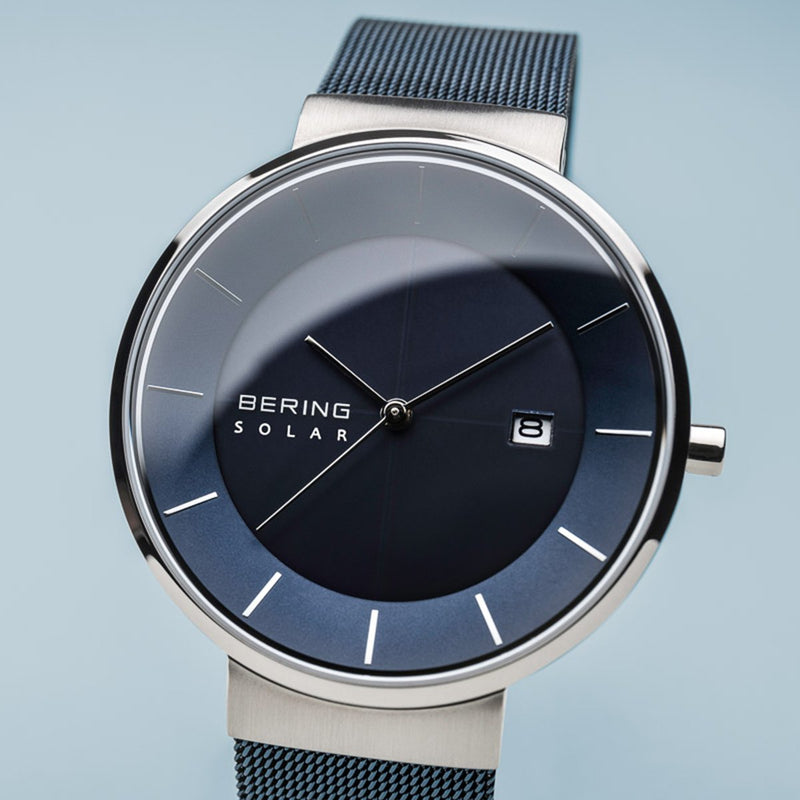 Bering Slim Solar Polished Silver Blue Mesh Watch