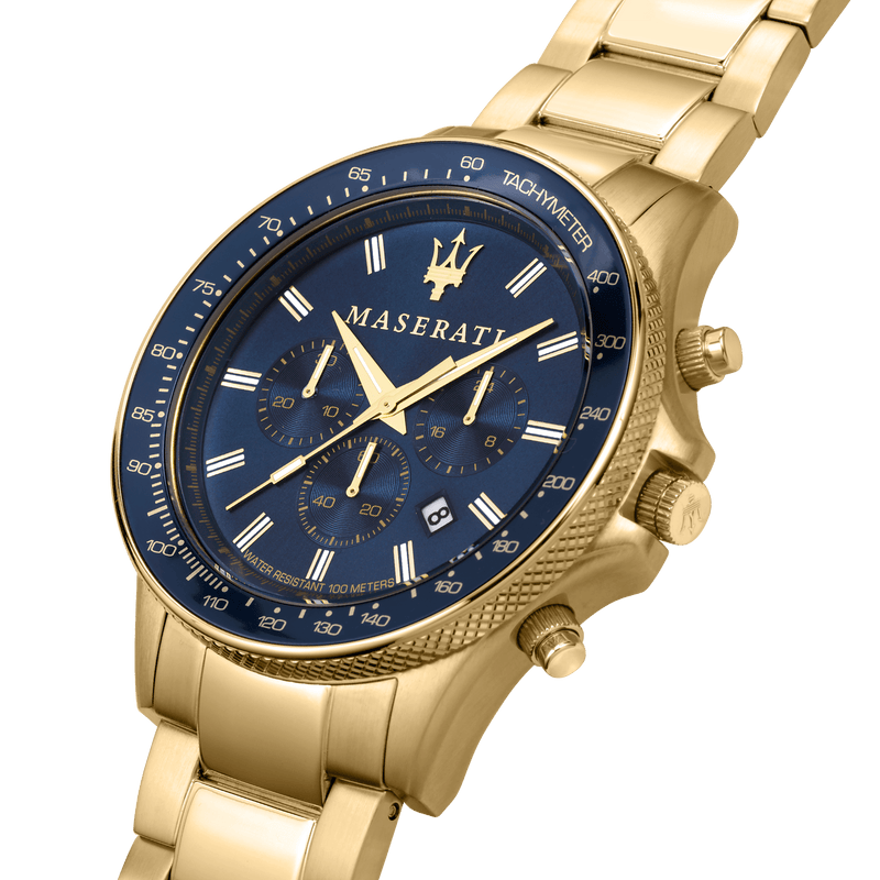 Gold-toned Maserati wristwatch with a blue dial and chronograph features.