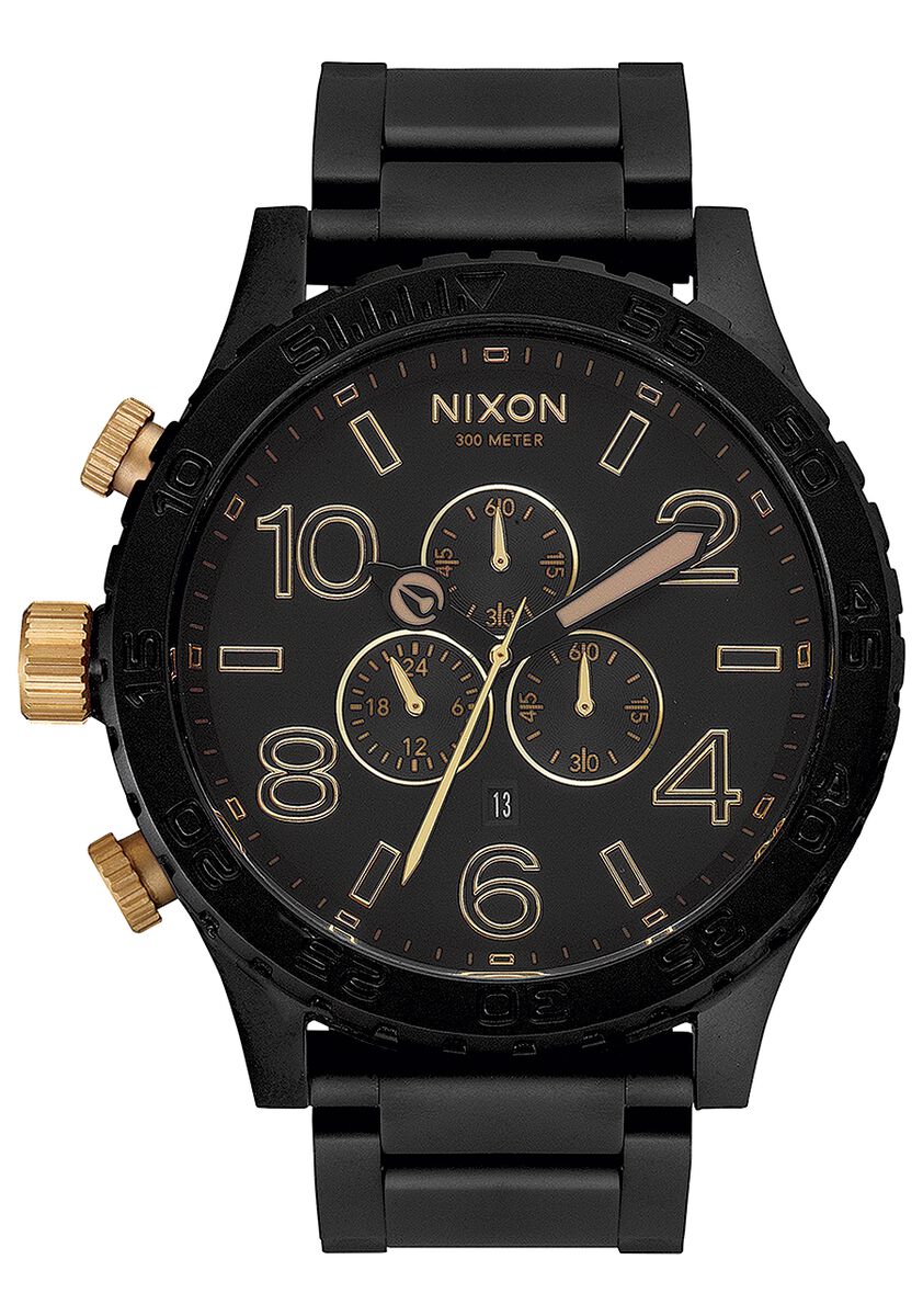 Black wristwatch with gold accents and multiple subdials on its face.