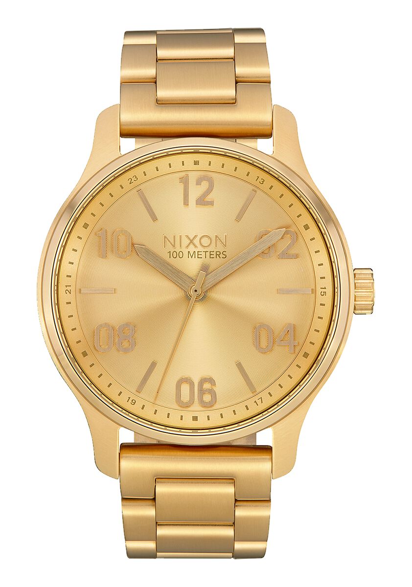 Gold-toned wristwatch with a metal bracelet and round face displaying numerals.