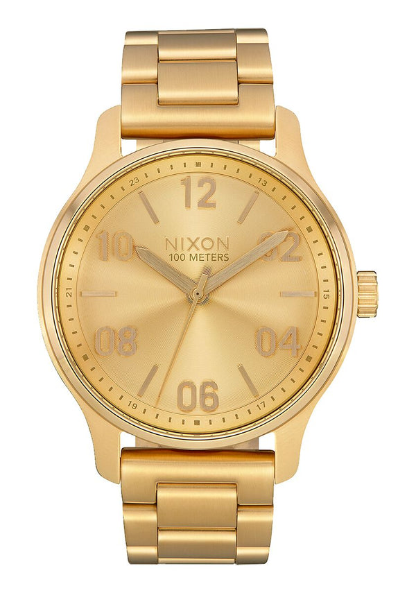 Gold-toned wristwatch with a metal bracelet and round face displaying numerals.