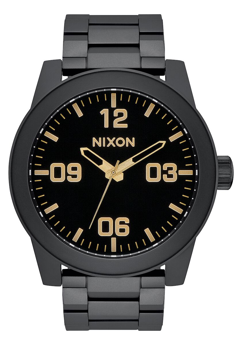 Black wristwatch with a gold-toned dial and numerals, featuring a metal bracelet.