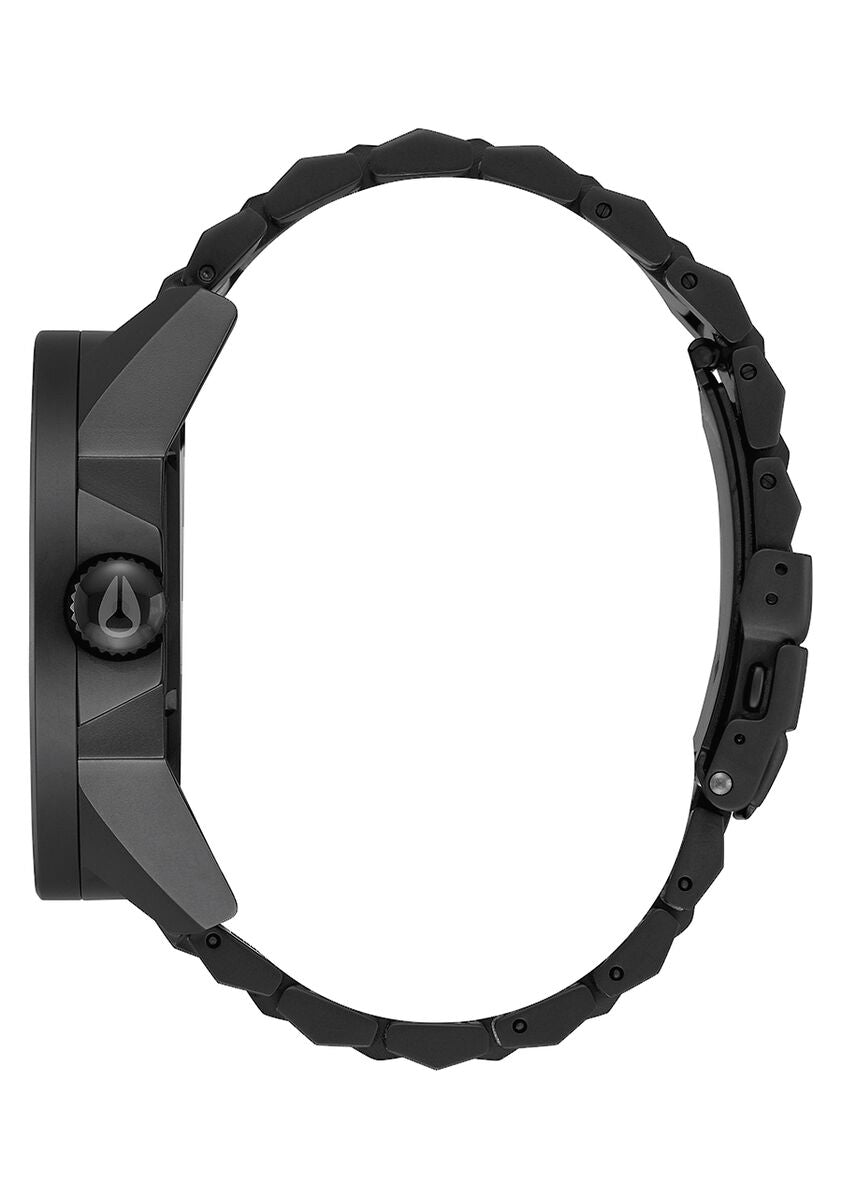 Black wristwatch with a textured band and angular case design.