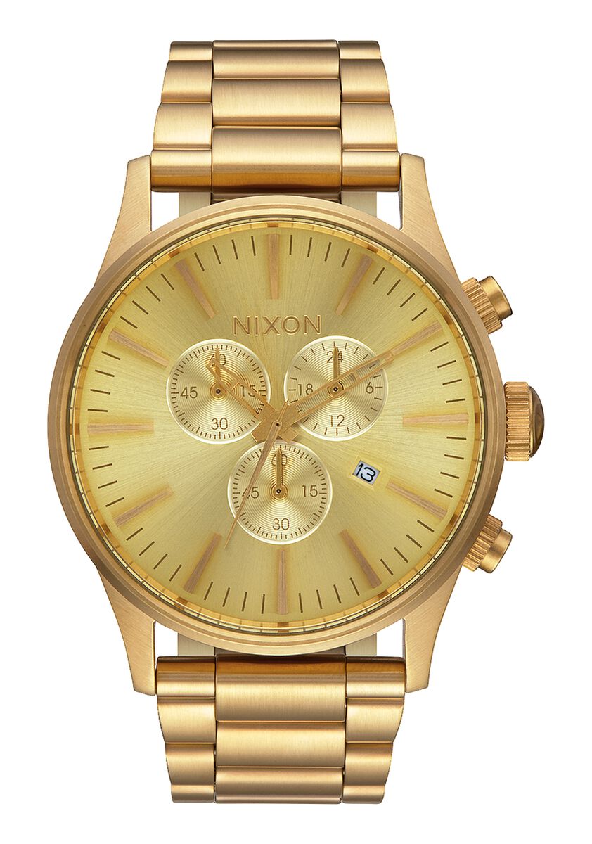 Gold-toned wristwatch with a chronograph dial and metal bracelet.