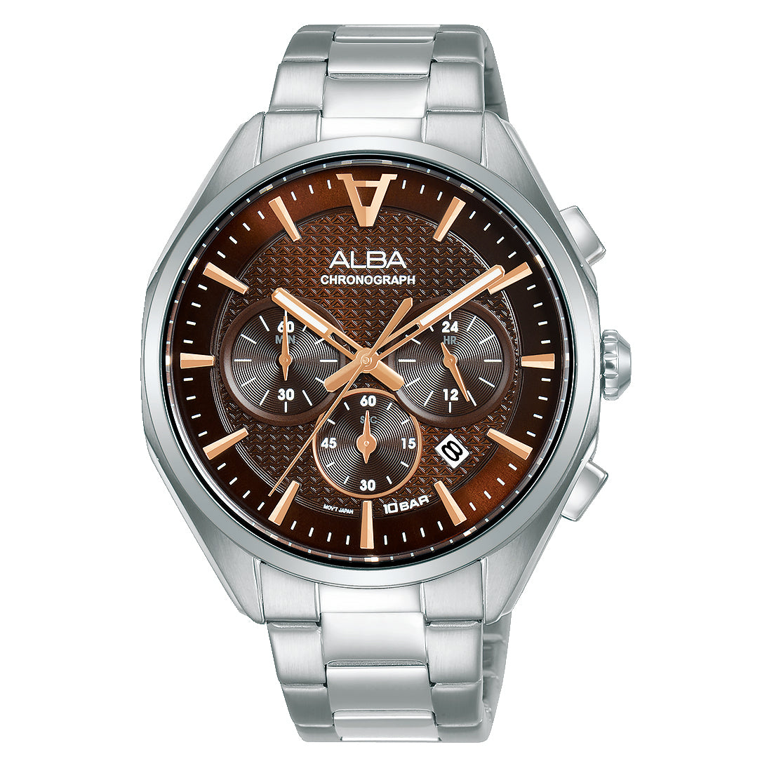 Stainless steel chronograph wristwatch with a brown dial and silver bracelet.