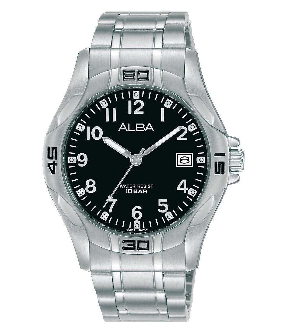 Silver wristwatch with a black dial and Arabic numeral hour markers.