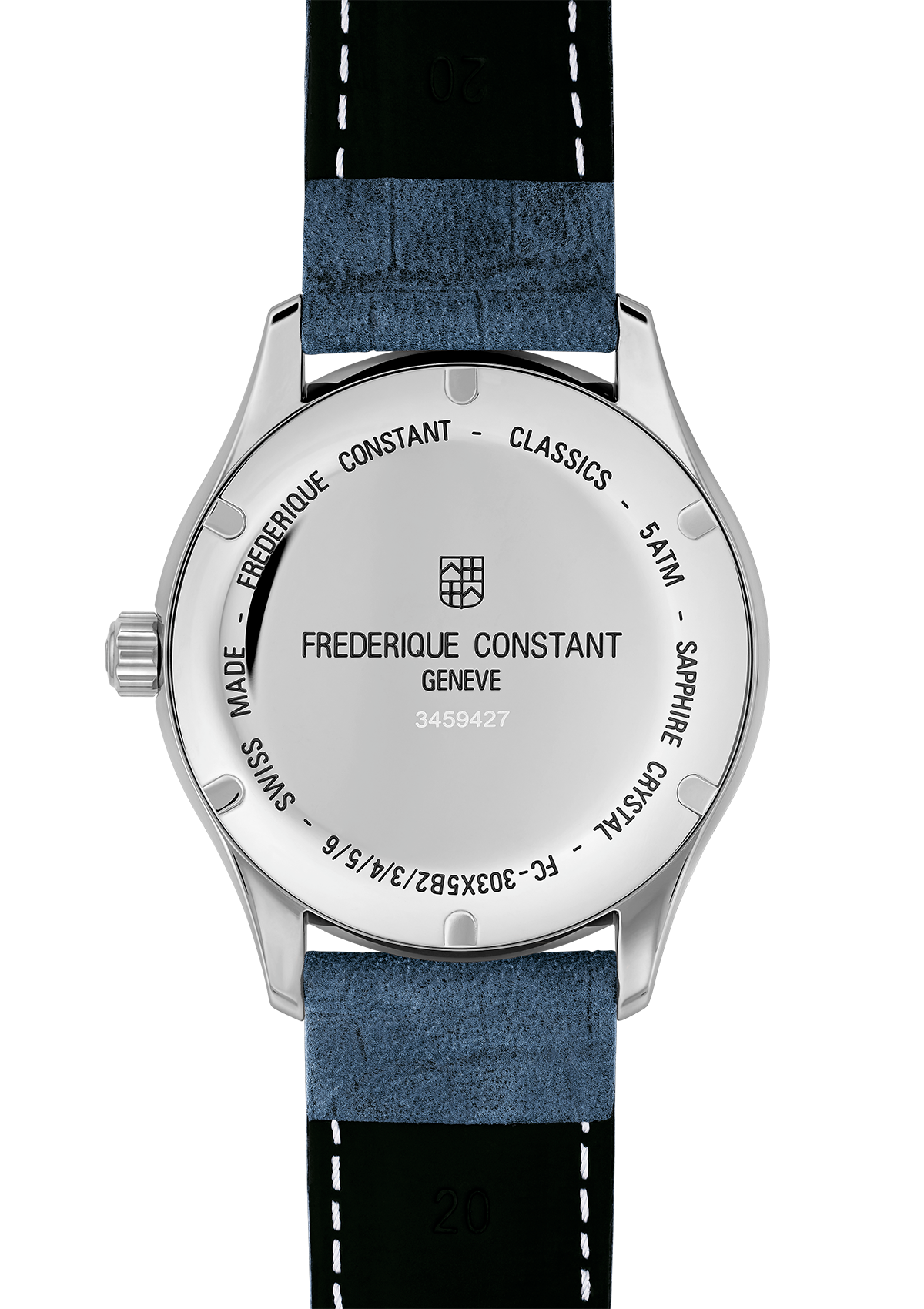 Wristwatch with a silver case and blue leather strap.