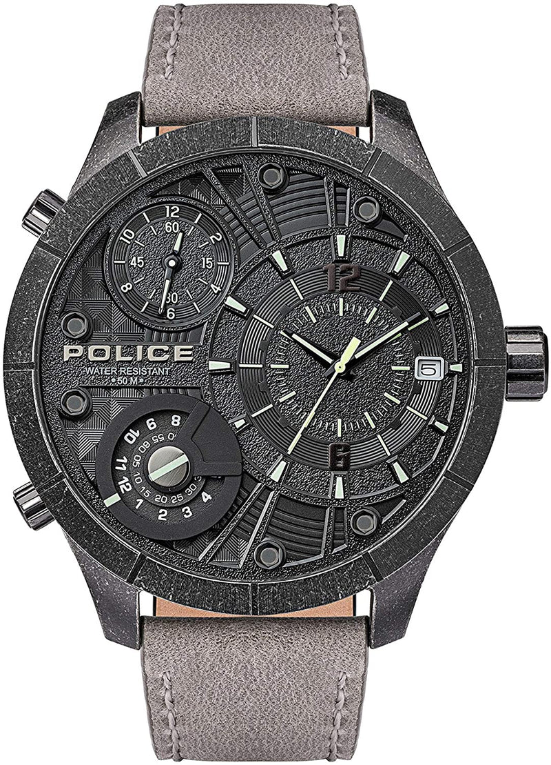 Police Bushmaster Black Dial Grey Leather Strap Watch PL.15662XSQS/02