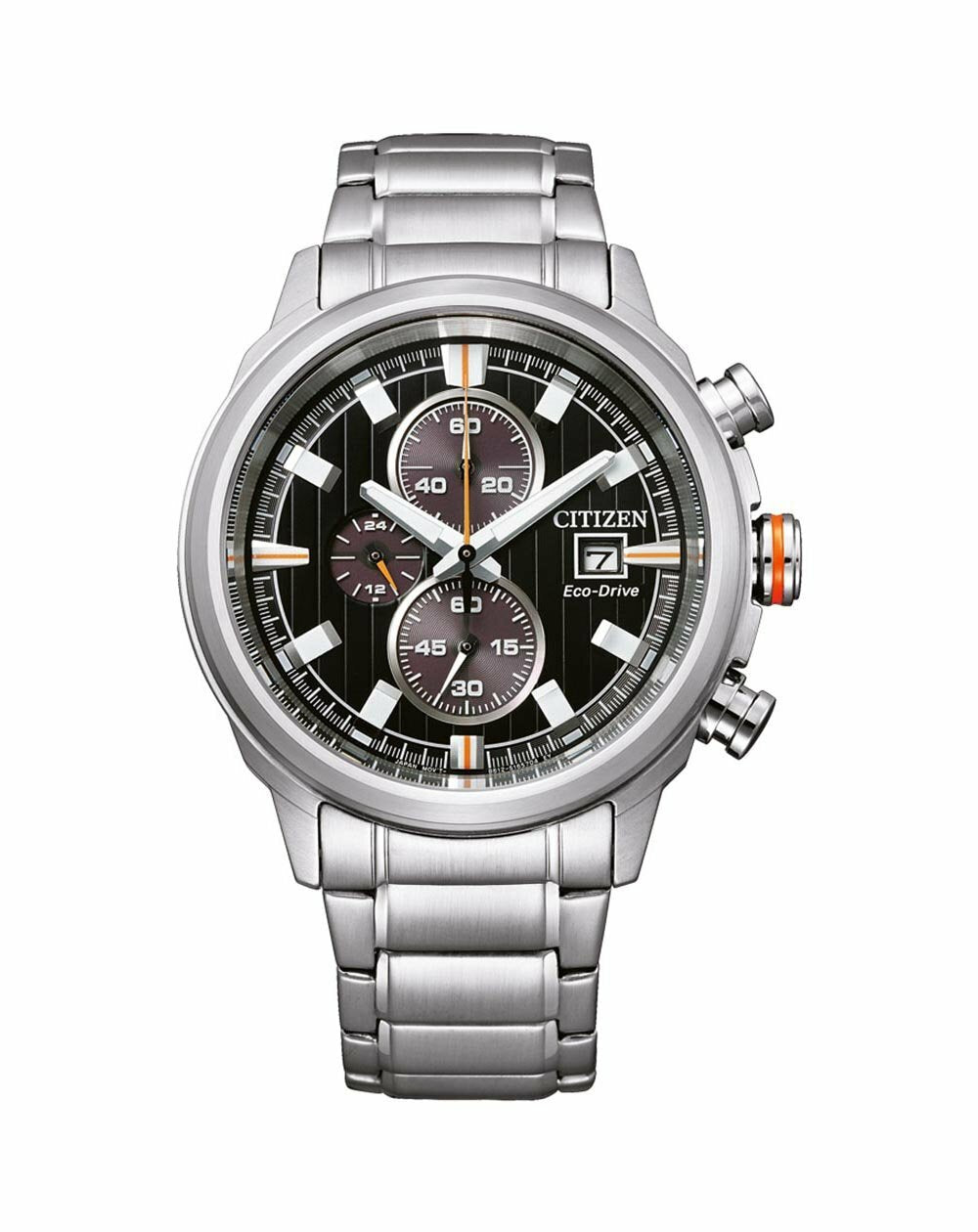 Stainless steel chronograph wristwatch with a black dial and silver bracelet.