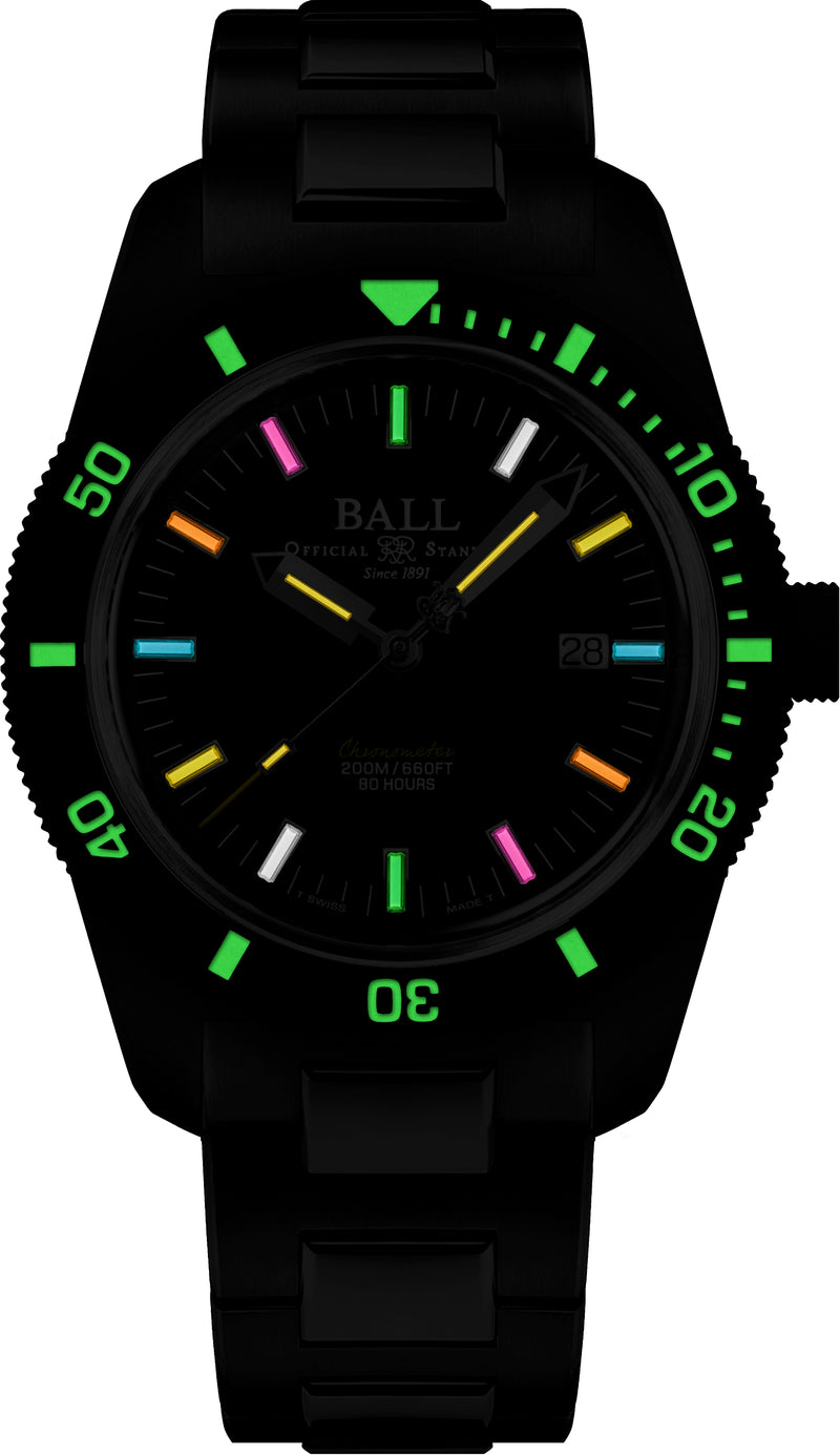 Black wristwatch with a colorful luminous dial and rotating bezel.