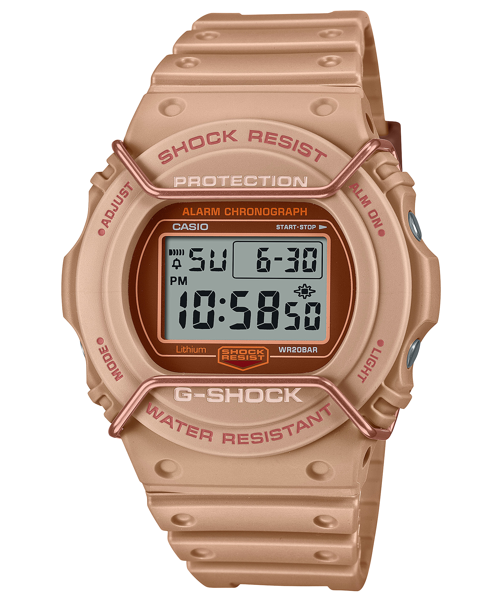Digital wristwatch with a beige/rose gold-colored case and band featuring ’G-SHOCK’ branding.