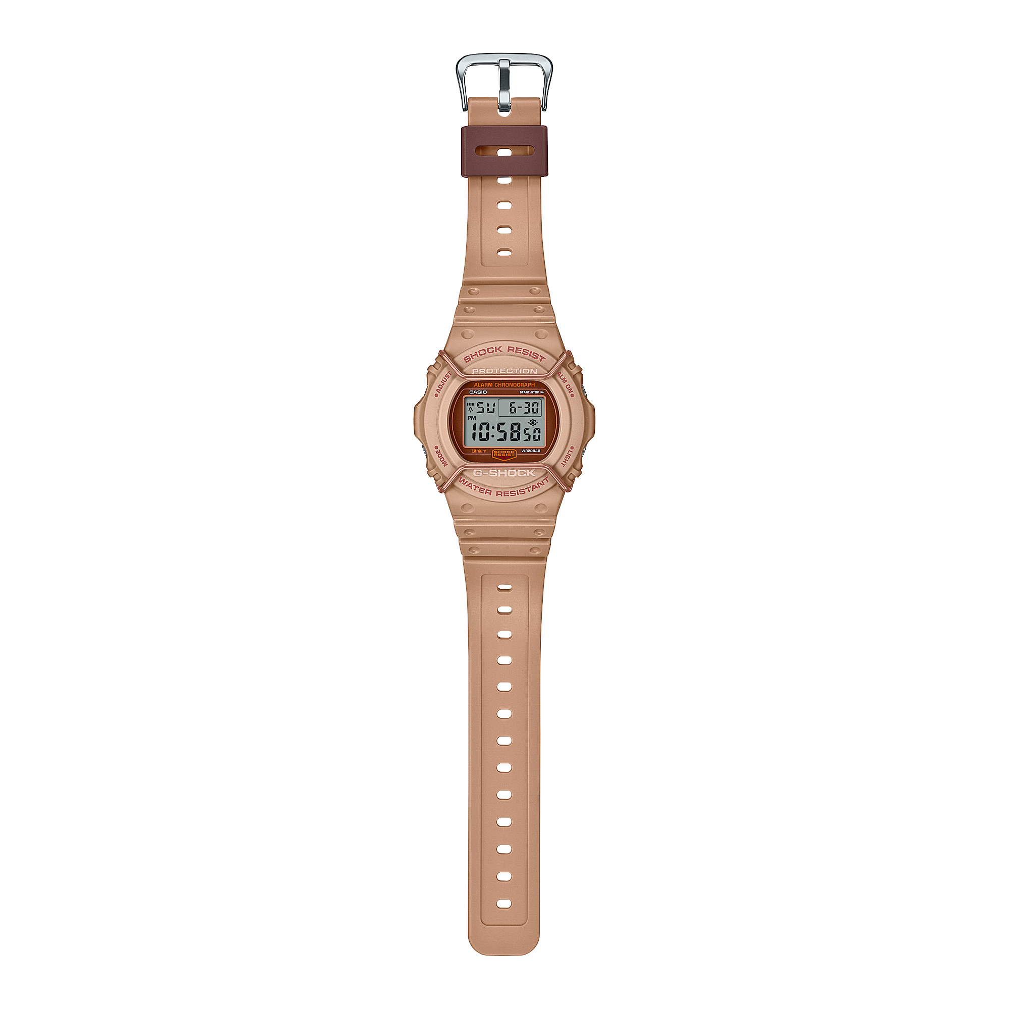 Digital wristwatch with a beige or light pink plastic band and case.