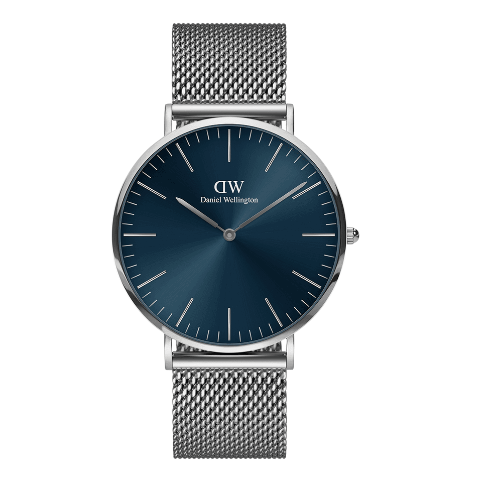 Sleek wristwatch with a navy blue dial and silver mesh band.