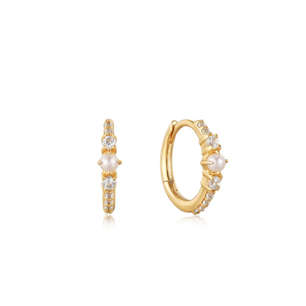 Ania Haie 14kt Gold Pearl and White Sapphire Huggie Hoop Earrings