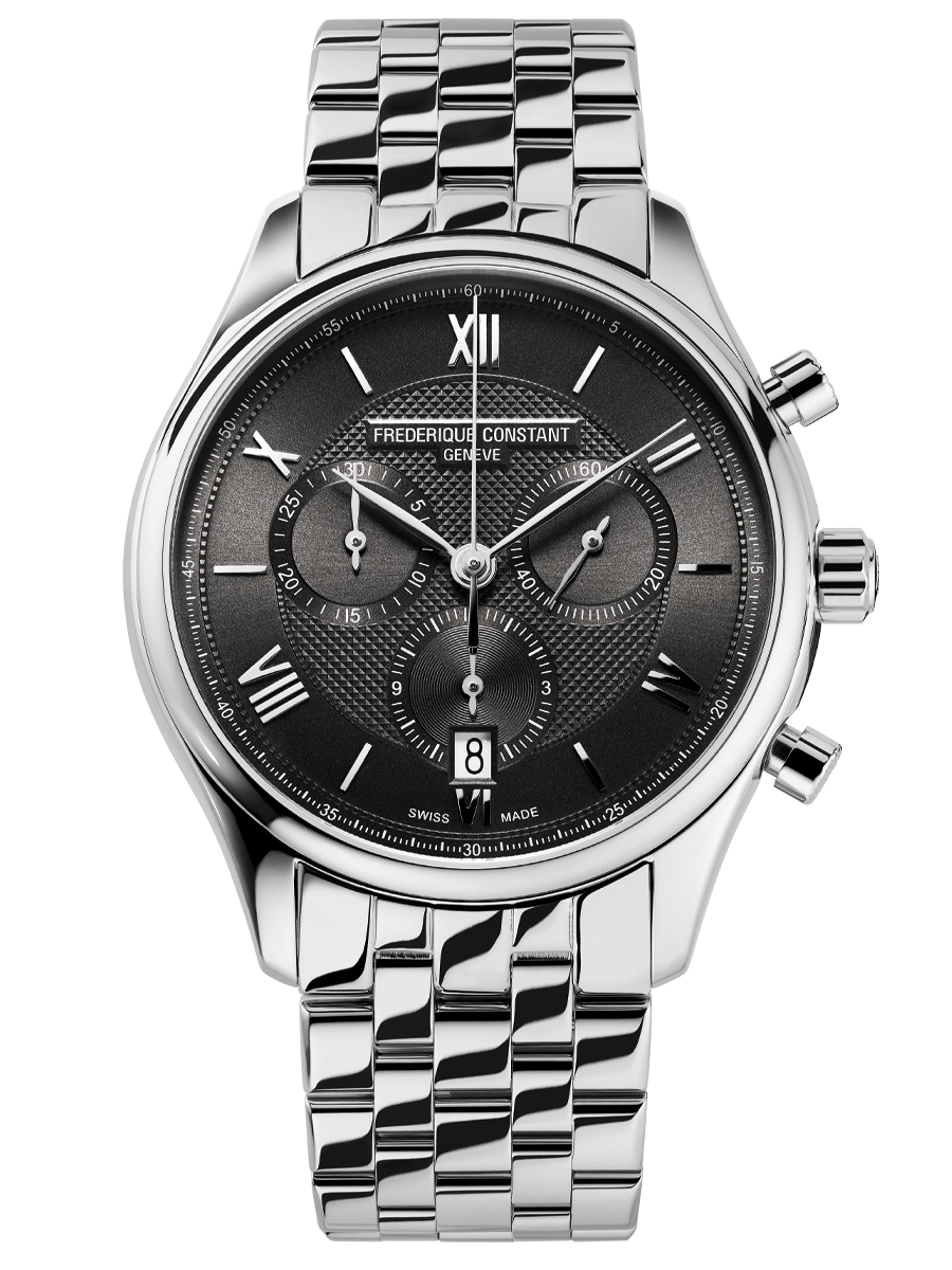 Elegant silver chronograph wristwatch with a dark gray dial and Roman numeral markers.