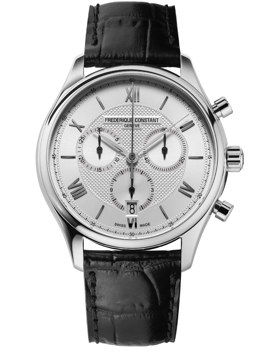 Elegant silver chronograph wristwatch with a black leather strap.