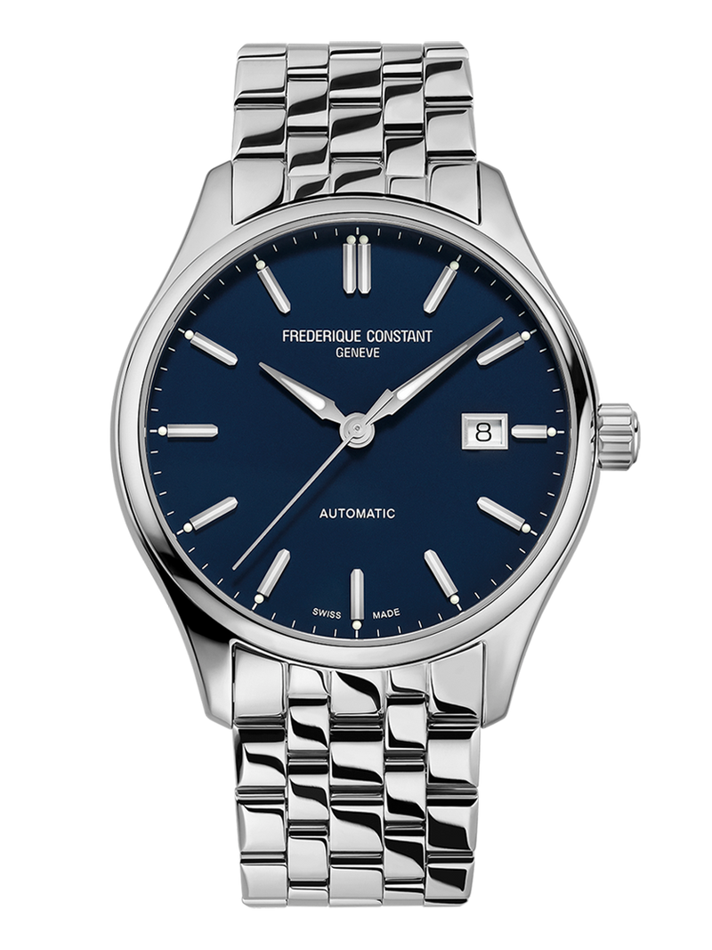 Stainless steel wristwatch with a blue dial and date window.