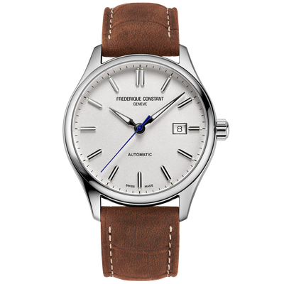 Elegant wristwatch with a white dial, silver case, and brown leather strap.