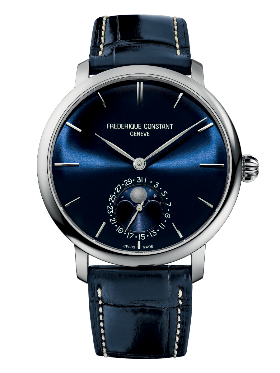 Elegant wristwatch with a deep blue dial and leather strap.
