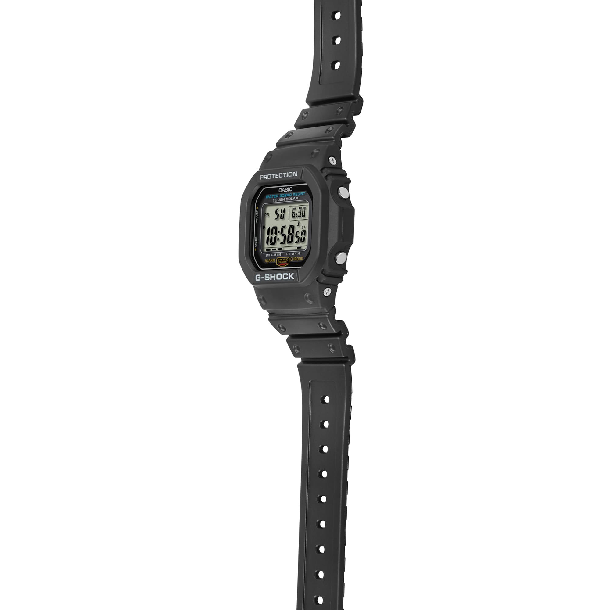 Digital sports watch with a black resin band and square display.