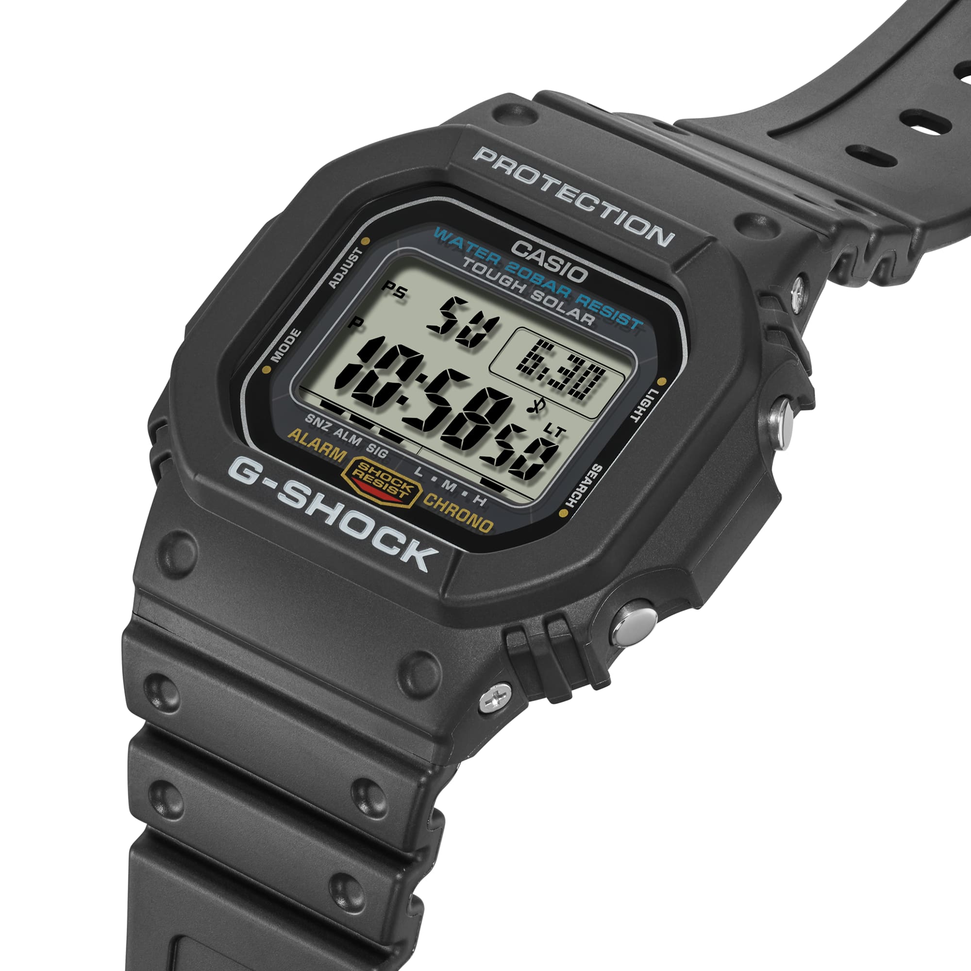 Black digital G-Shock wristwatch with rectangular display.