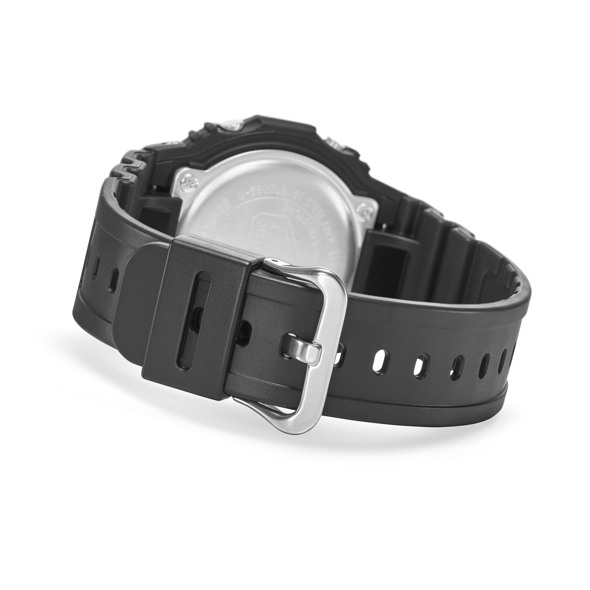 Black rubber watch strap with a silver buckle.
