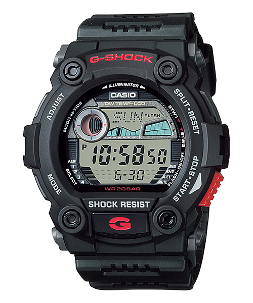 Rugged black G-Shock digital wristwatch with a prominent display and red accents.