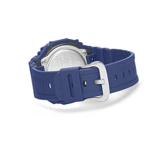 Blue rubber or silicone watch band with a silver buckle.