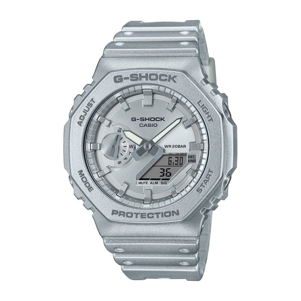 Silver G-Shock wristwatch with a digital-analog display and protective casing.