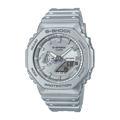 Silver G-Shock wristwatch with a digital-analog display and protective casing.