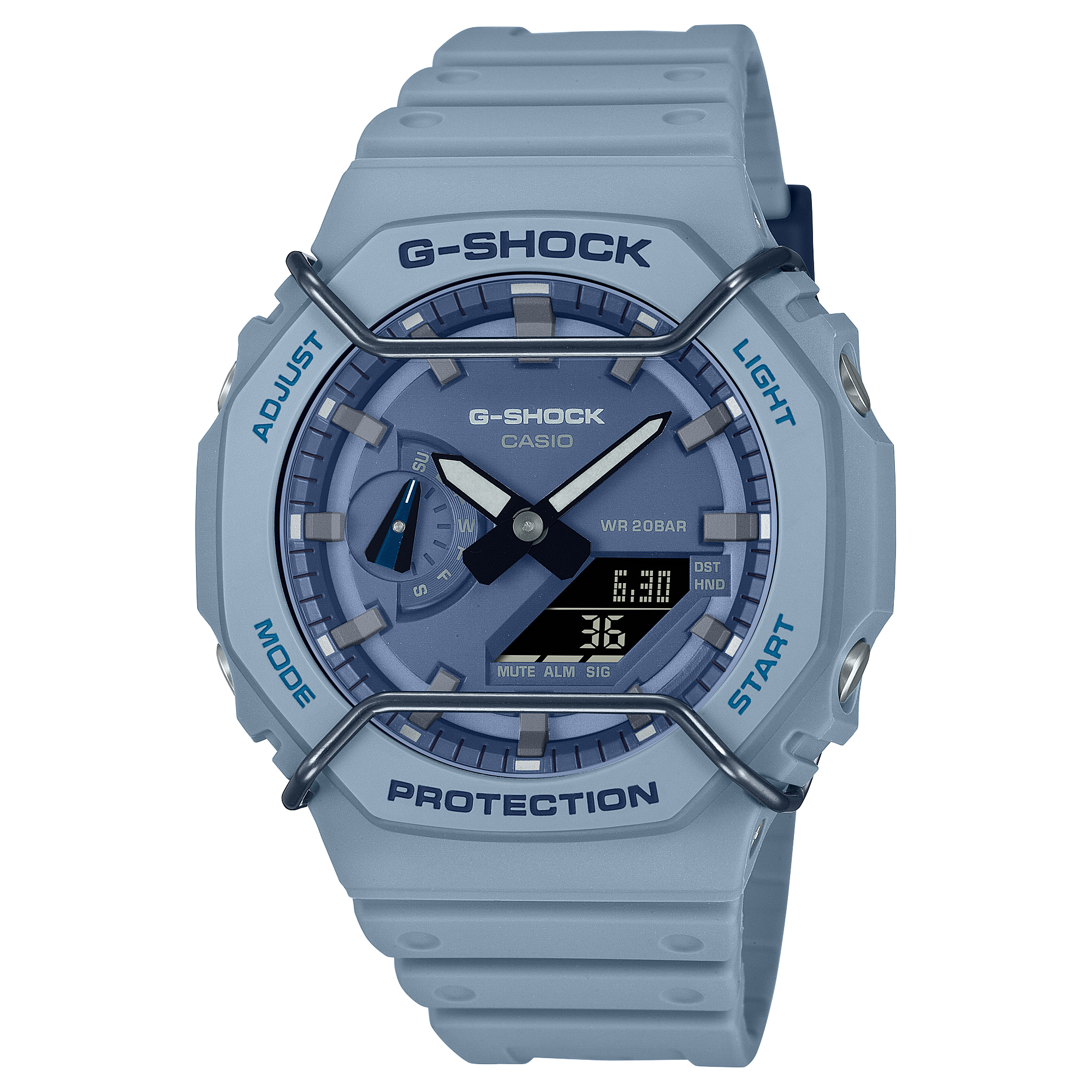 Light blue G-Shock digital wristwatch with analog hands and a protective bezel.