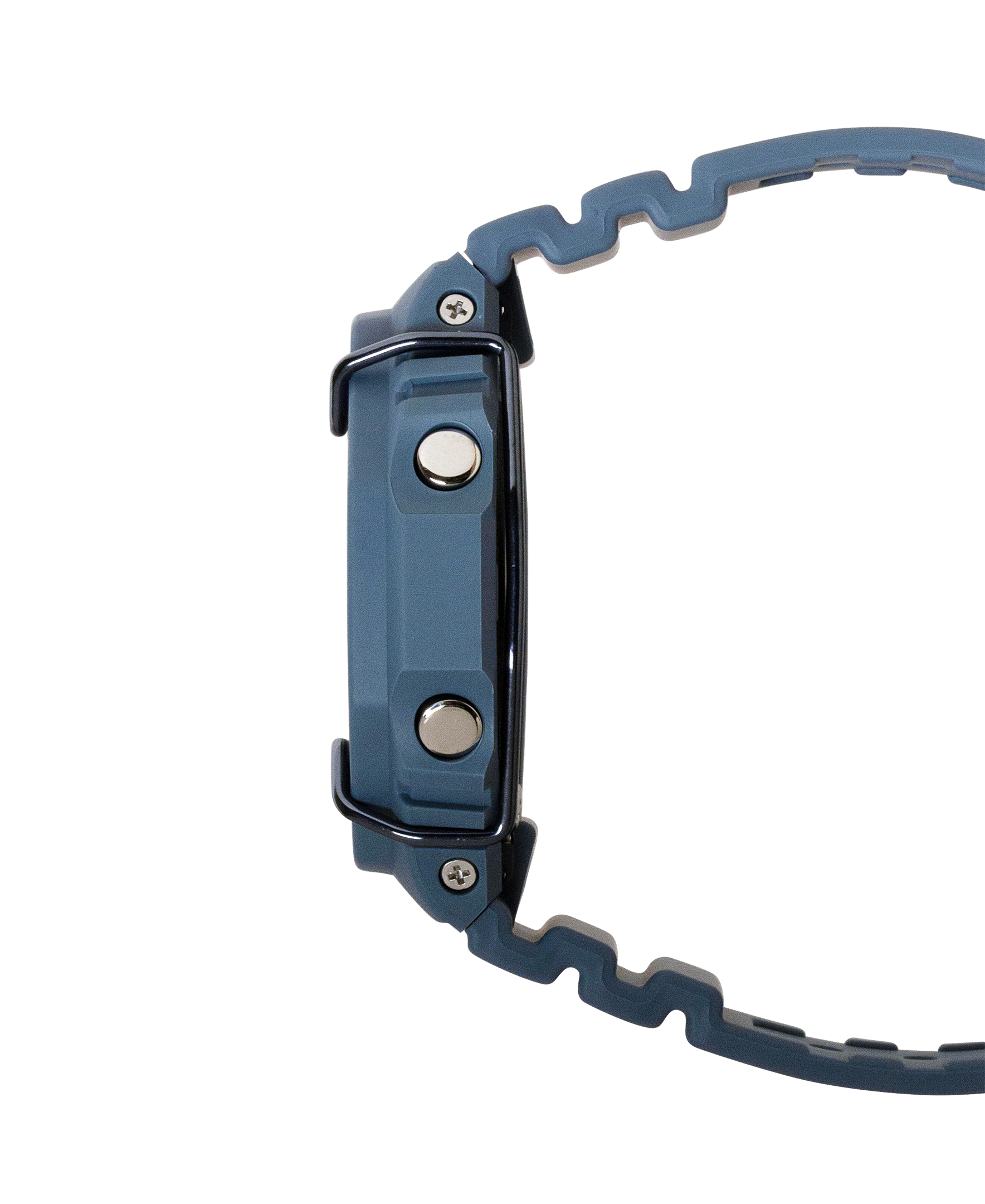 Side view of a blue digital wristwatch with a rugged design.