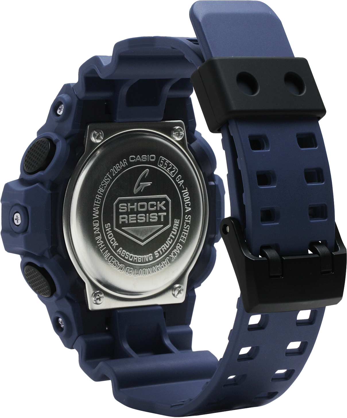 Navy blue G-Shock digital wristwatch with a rugged design and shock-resistant features.