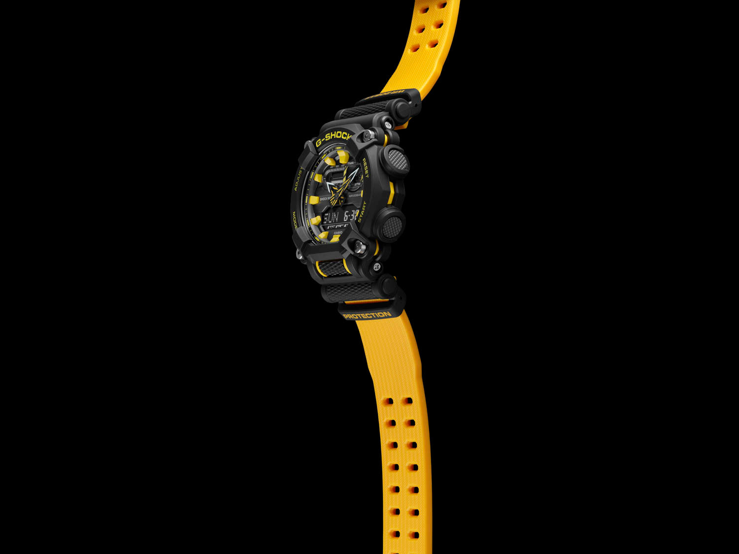 Rugged black sports watch with yellow accents and a yellow strap.