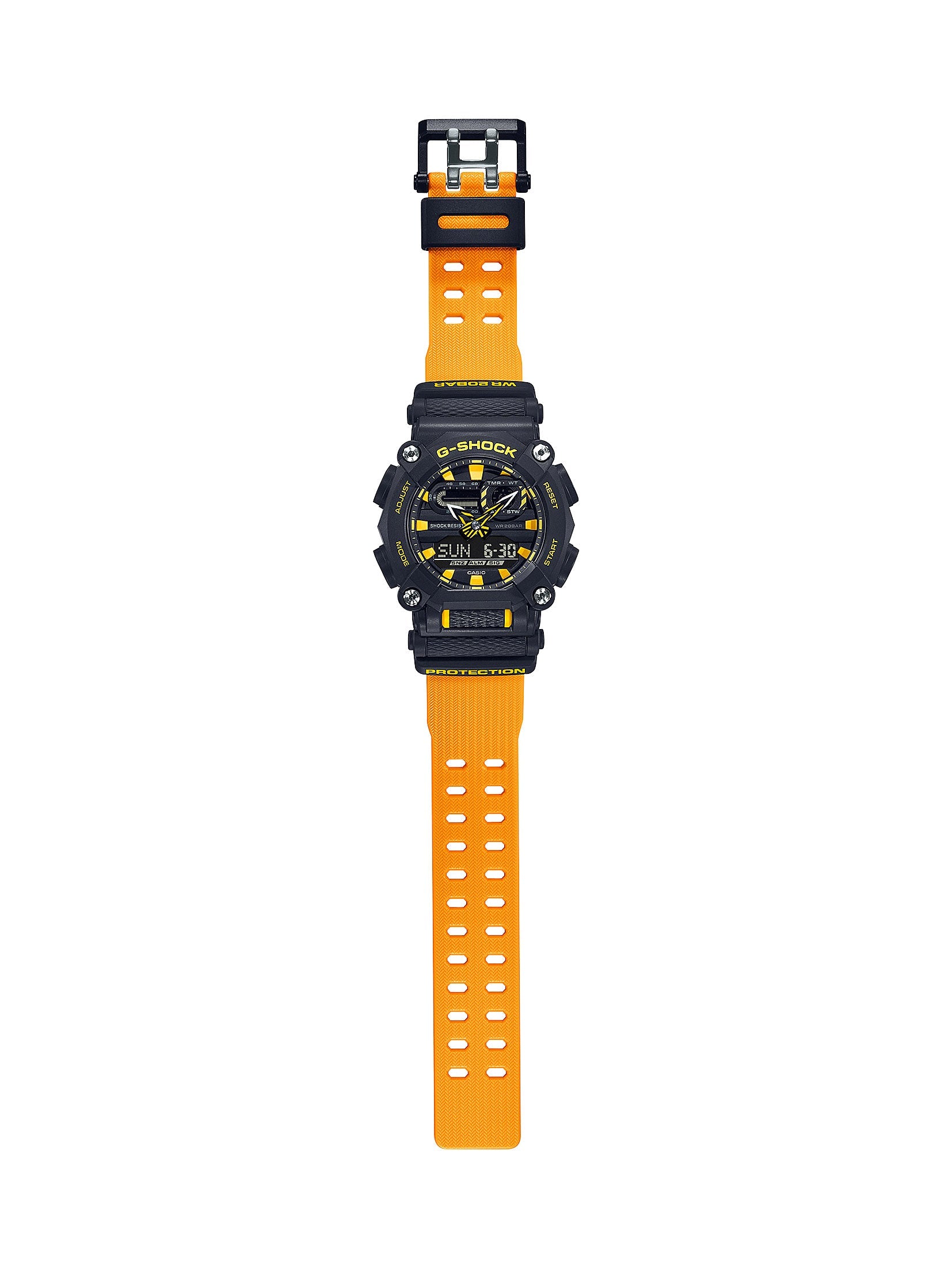 Rugged sports watch with a black case and bright orange strap.
