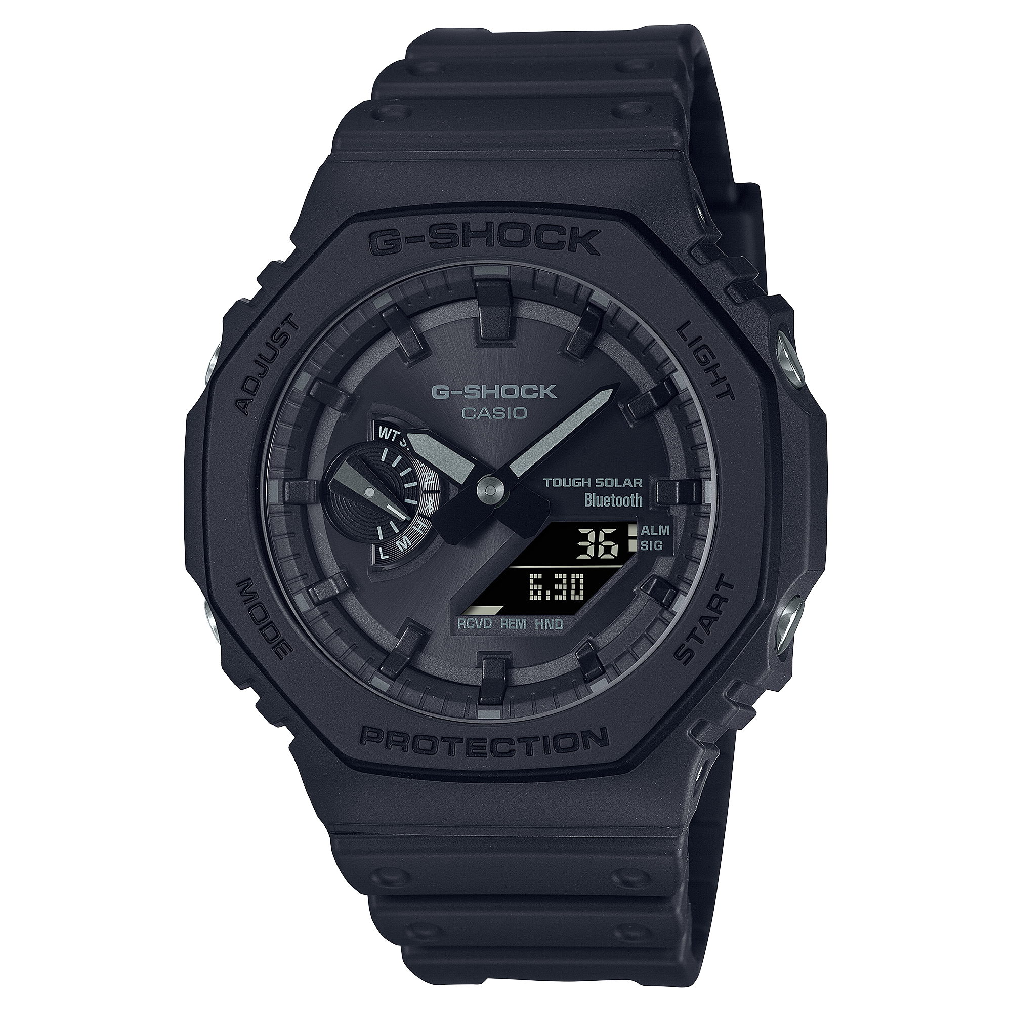 Black G-Shock digital wristwatch with analog-digital display.